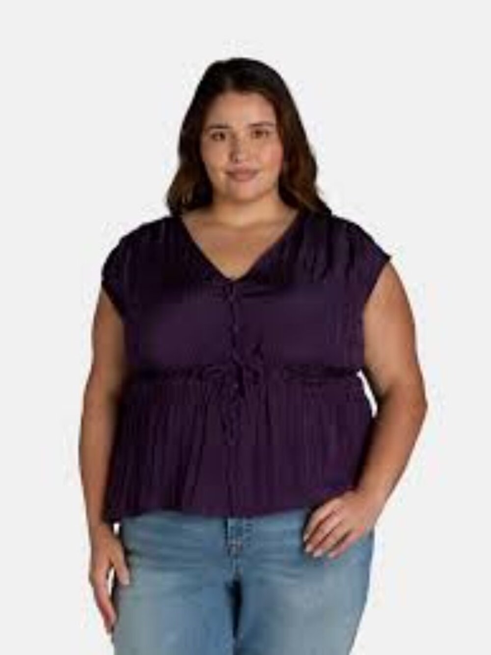 Terra & Sky Sleeveless V-Neck Drawstring Waist Top in Deep Purple Silky Size 1X